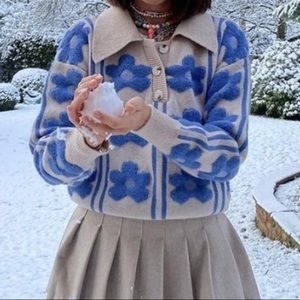 NWT Fuzzy Floral Collared Sweater